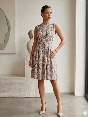 Christian Dior Wool Silk Blend Floral Kaleidoscope Fit & Flare Feminine Dress